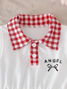 两件套女童优雅格子领无袖A字碎花连衣裙，荷叶边下摆，搭配“ANGEL”蝴蝶结印花，夏季套装 - 彩色 - 查看 5