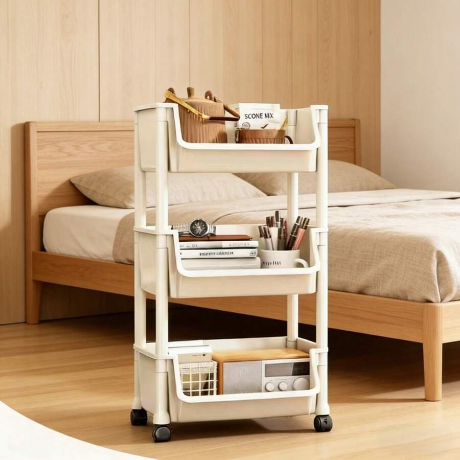 White Multi-Layer Plastic Storage Shelf, Portable Stackable Basket Organizer For Bathroom Bedroom Kitchen Nursery, Colorful Practical Toy Clothes Sundries Rack, Space Saving Freestanding Shelving Unit, Easy Assembly Home Decor - 3 lớp màu trắng - Xem 1