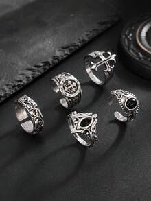 5pcs Vintage Gothic Geometric Metal Ring Set, Punk Cross Rings, Black Faux Gem Adjustable Rings, Ideal Holiday Gift For Men, Charming Jewelry - Antique Silver - View 2