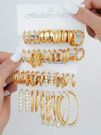 Set de 12/48 piezas de aretes elegantes y minimalistas con flores y formas geométricas de perlas falsas con tono dorado, adecuado para mujeres como regalo de vacaciones, fiesta, cumpleaños o uso diario