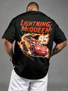 95 Lightning McQueen Flame Race Car Tee, Disney Cars Movie Graphic Men Short Sleeve Shirt, Vintage Racing Casual Top - màu đen - Xem 2