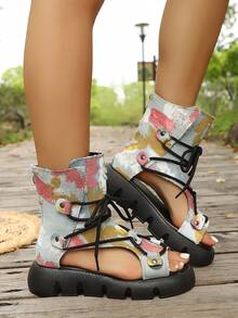 Giày sandal đế xuồng hở mũi buộc dây cho nữ, sandal cao cổ đế dày khoét rỗng kiểu La Mã cổ điển, hàng mới về mùa hè 2025. - Nhiều màu - Xem 5