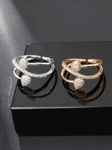 1 chiếc nhẫn hở đính đá Cubic Zirconia cho nữ - Mạ vàng/bạc - Có thể điều chỉnh kích cỡ - Đeo hàng ngày - Lựa chọn quà tặng - Quà tặng dịp Eid Al-Fitr & Eid Al-Adha - Hai chiếc nhẫn hình giọt nước - Xem 1
