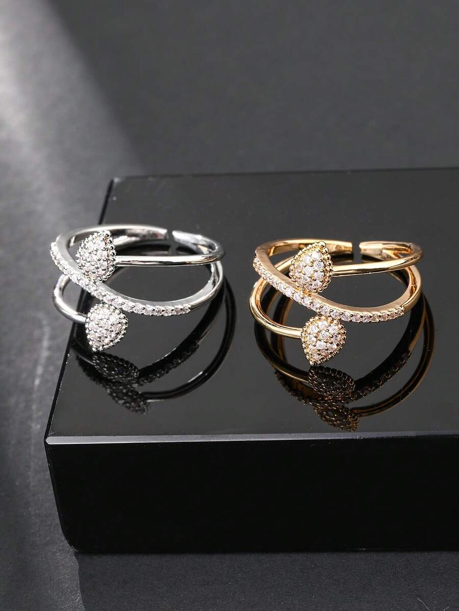 1 chiếc nhẫn hở đính đá Cubic Zirconia cho nữ - Mạ vàng/bạc - Có thể điều chỉnh kích cỡ - Đeo hàng ngày - Lựa chọn quà tặng - Quà tặng dịp Eid Al-Fitr & Eid Al-Adha - Hai chiếc nhẫn hình giọt nước - Xem 1
