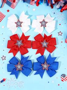 6pcs/Set 4th Of July & Independence Day Bow Hair Clips, White Blue Red Memorial Day Bow Hair Bows, Bling Rhinestone Star USA Flag Day Hairpins, Cute Hair Accessories For Girls Holiday Gifts,Party,Summer - Multicolor - View 1