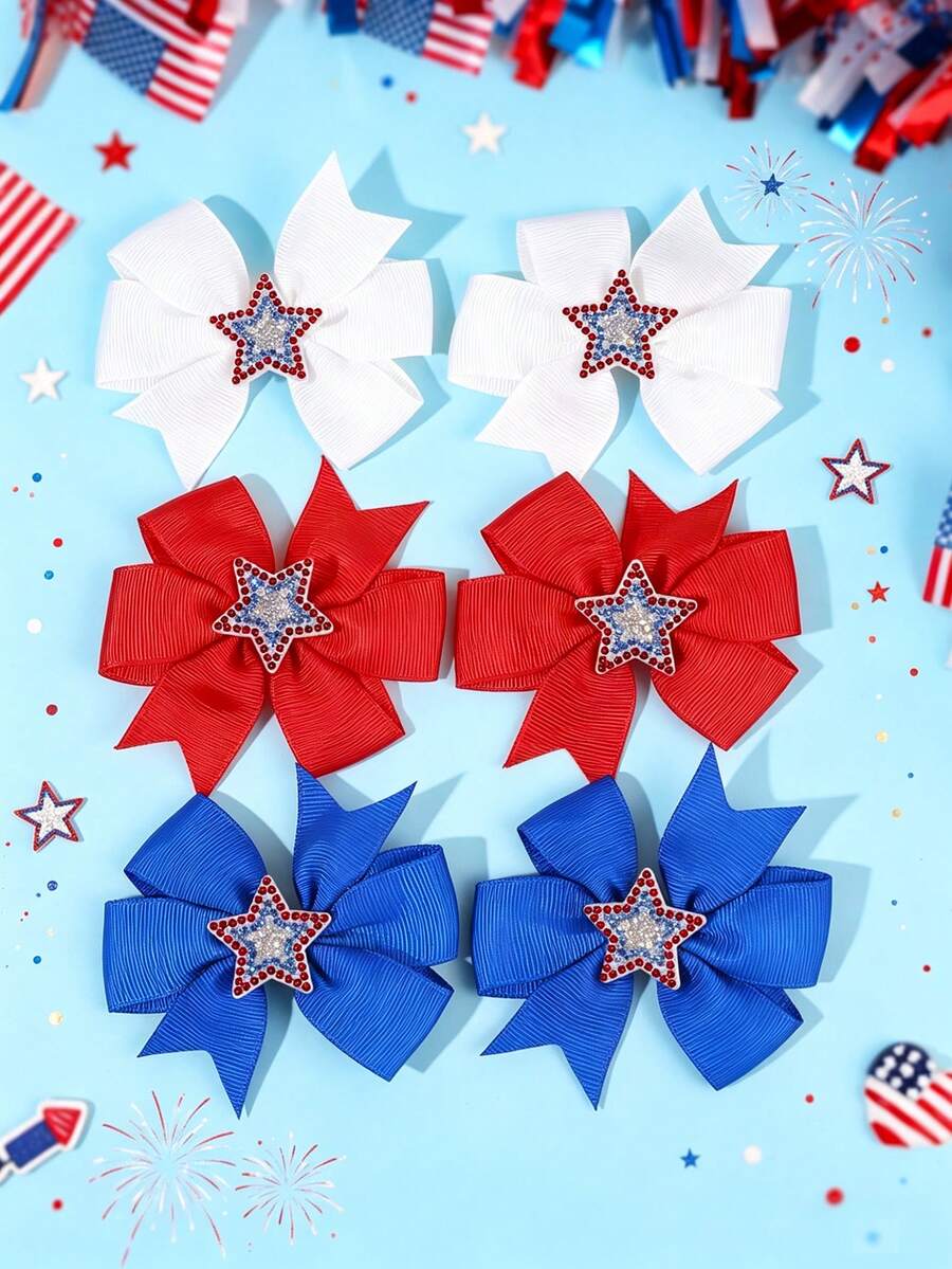 6pcs/Set 4th Of July & Independence Day Bow Hair Clips, White Blue Red Memorial Day Bow Hair Bows, Bling Rhinestone Star USA Flag Day Hairpins, Cute Hair Accessories For Girls Holiday Gifts,Party,Summer - Multicolor - View 1