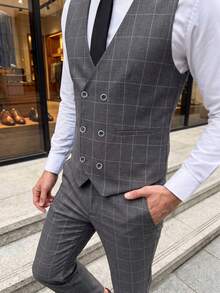3 Pieces Men's Plaid Suit Set Slim Fit Checked Formal Blazer Vest Pants For Wedding Business Party Casual Tuxedo - 灰色 - 查看 2
