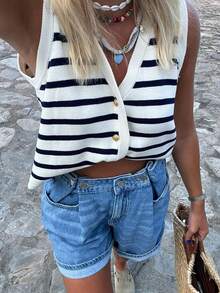 Áo tank top không tay kẻ sọc dành cho nữ, thích hợp cho mùa hè. - Đen và trắng - Xem 3