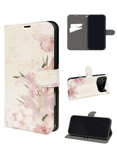 1pc Elegant Pink Lily Flower Vintage Book Page Pattern Full Coverage Classic Anti-Drop High-Quality PU Leather Flip Wallet Phone Case, Foldable Card Slot, Full-Body Protective Cover, Suitable As Birthday/Holiday Gift For Friends, Family, Couples, Fits IPhone17/IPhone17 Air/IPhone17pro/IPhone17pro Max/IPhone16/IPhone16 Plus/IPhone16pro/IPhone16pro Max/IPhone15/IPhone15 Plus/IPhone15pro/13/14/12/11