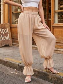 Pantalones holgados de mujer para primavera y verano, de color liso, estilo harem, con puños elásticos fruncidos. - gris rosado pálido - Ver 3