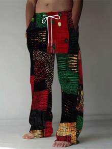 Abstract  Patchwork Pattern Symbolizing Vitality And Freedom Blending Red Green Yellow And Black Energy 3D Printed Beach Pants For Men Casual Loose Fit Summer Wear - 白色 - 查看 3