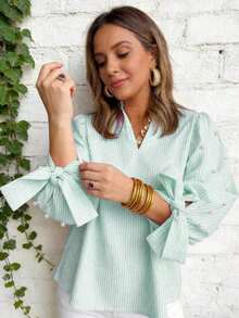 Blusa elegante minimalista para mujer con perlas, lazos y diseño rayado, para diario y citas - Rosa - Ver 11