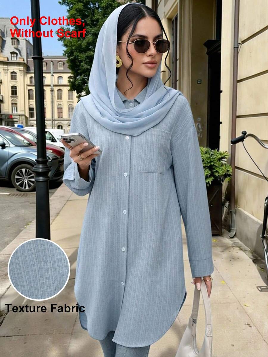 Camisa larga de unicolor casual/de oficina para mujer, blusa a rayas de textura azul, top azul, atuendo de trabajo modesto, ropa de oficina, estilo campestre de primavera - Azul - Ver 1