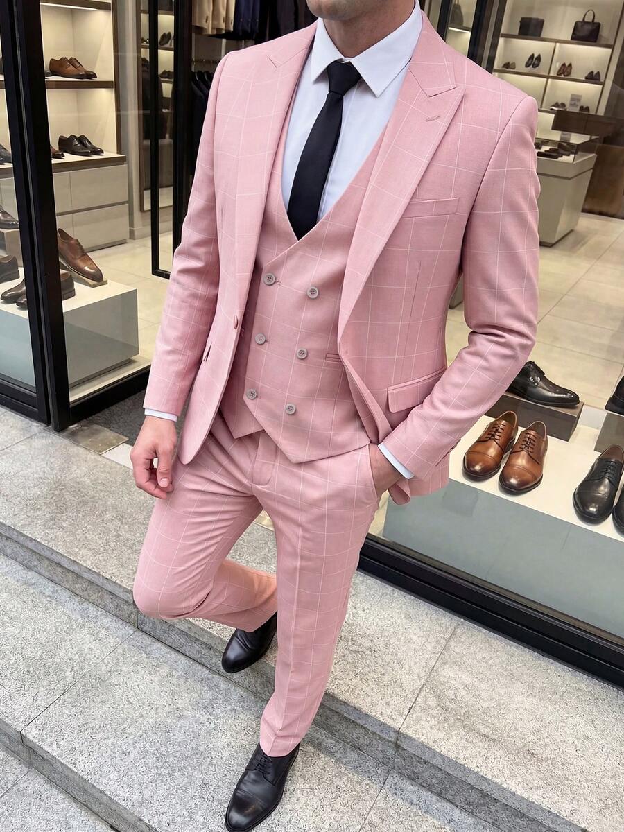 3 Pieces Men's Plaid Suit Set Slim Fit Checked Formal Blazer Vest Pants For Wedding Business Party Casual Tuxedo - Hồng - Xem 1