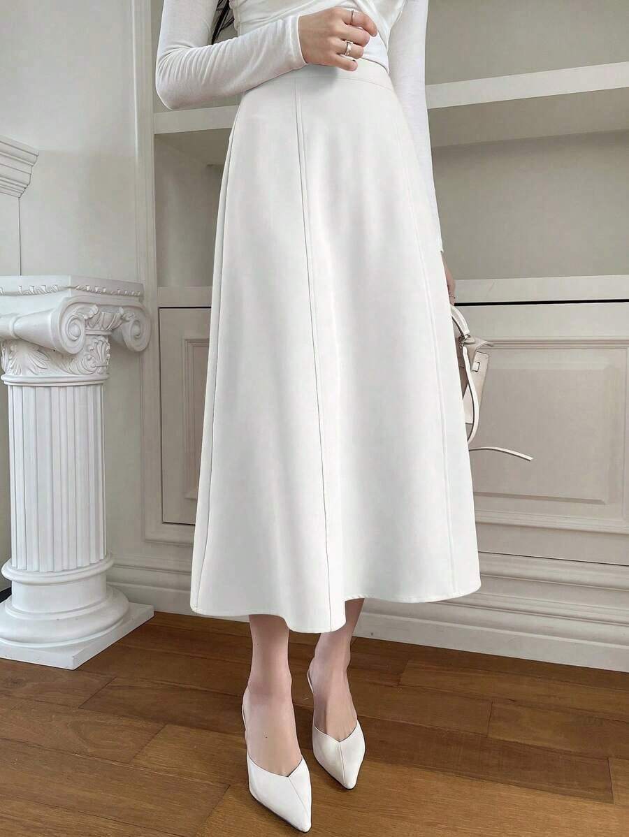 Solid Color A-Line Skirt With Zipper, Elegant Ladies' Skirt Summer - 白色 - 查看 1