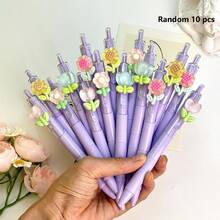 5pcs/Set Random Flower Tip Retractable Pens, 2sets/3sets Smooth Writing Ballpoint Pens, Suitable For Students, Exams, Office, Durable Stationery (Black) - Purple Flower Pen - View 7