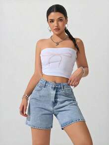 Shorts vaqueros casuales y versátiles de unicolor para mujeres - Lavado ligero 2 - Ver 5