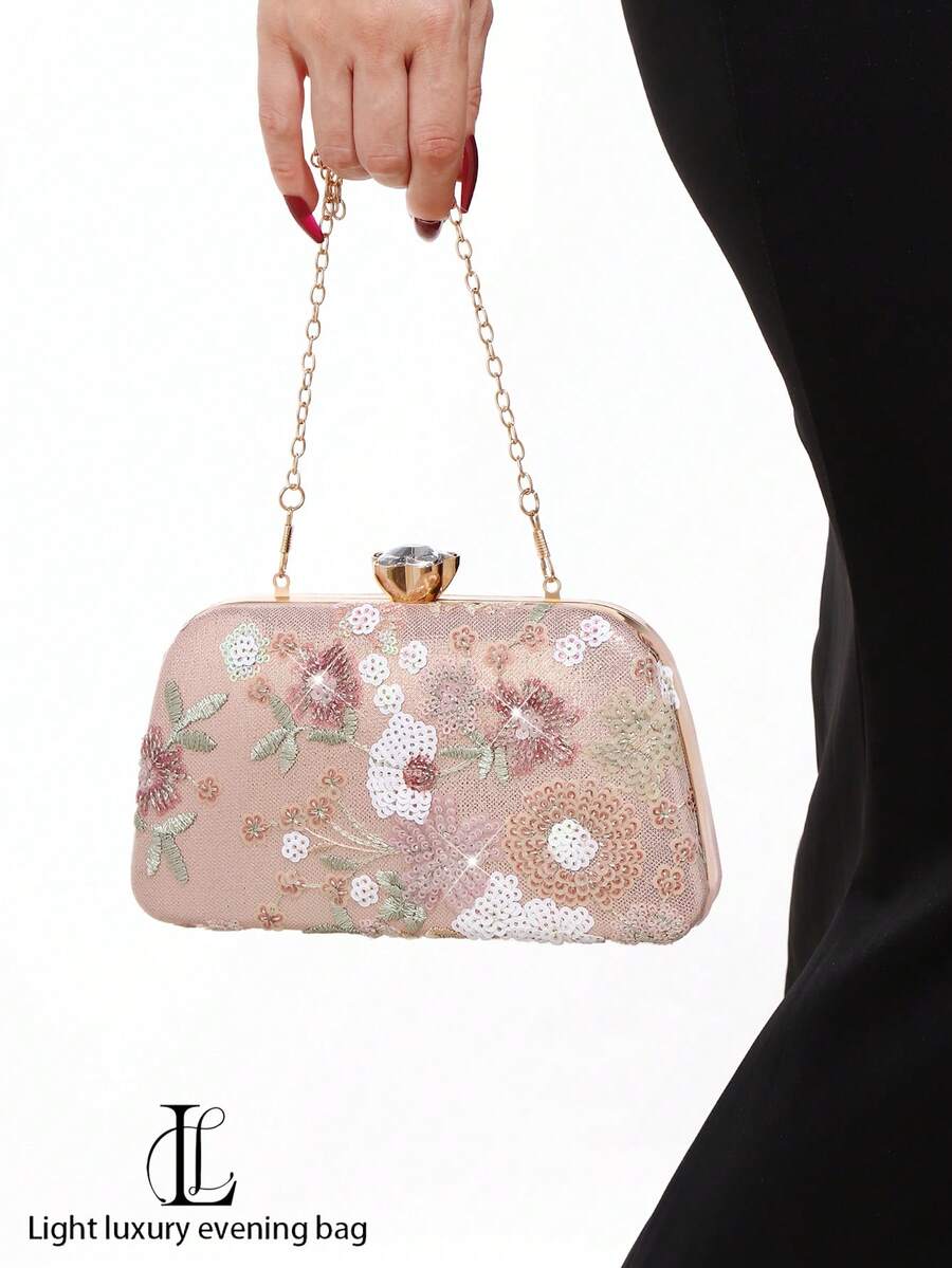 时尚刺绣花卉手拿包，适合晚宴、宴会、婚礼等场合，随机剪裁设计，优雅女士配饰，新娘派对最佳选择，闪亮水钻手提包，完美适用于派对、婚礼、盛会等场合。 - 粉色 - 查看 1