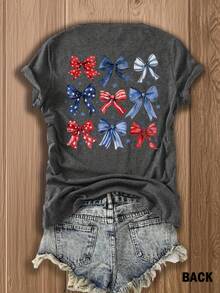 T-Shirt With A Patriotic Bow Print On Both Sides, Designed In Festive Red, White, And Blue For The 4th Of July Festivities, Ideal For Summer And Patriotic Gatherings. |   Casual Fashion For Women |   Double-Sided Printed T-Shirt - Breathable - 海軍藍 - 查看 9
