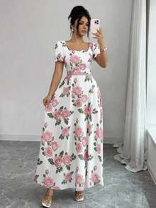 Elenzya Women's Floral Rose Print Square Neck Cinched Waist A-Line Puff Sleeve Elegant Everyday Vacation Commute Fashion Valentine's Day Date French Street Retro Versatile Party White Base Red Rose Print Early Spring/Spring Summer Short Sleeve New Mid-Length Dress - 粉色 - 查看 9