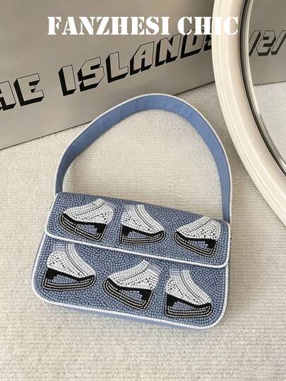 Refreshing Light Blue Pearl Embroidered Handbag With Matching Wide Soft Handle Strap, Featuring Interesting Pattern Design For A Fashionable Vibe, Suitable For Daily Commute, Casual Outings, Gatherings With Friends, And Outfit Accessorizing