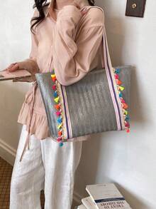 Large Capacity Casual Vacation Straw Tote Bag, Minimalist Elegant Women Shoulder Handbag - Grey - View 2