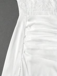 Đầm cưới cô dâu, chất liệu satin tương phản ren, thiết kế xếp nếp, đầm dạ hội đính hôn, đầm dạ hội xẻ tà, đầm dự tiệc. - trắng - Xem 5