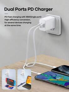 Remax 18W PD Charger Set, Includes 2 USB-A Ports And 1M PD Type-C Charging Cable, Compatible With IPhone 14/13/12/11 And Android Phones, Universal Travel Charger Multi-Pack (1-3 Sets), Suitable For Travel, Office, Dorm And Home Use, Multi-Port Design, Includes Adapter - White - View 3