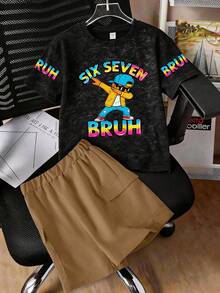 1 Set Distressed Short Sleeve Tee And Cargo Shorts Outfit For Tween Tween Boys, Featuring Cartoon Character Dab Print Graphic Tee And Shorts - Perfect Summer Gift, Suitable For School And Outdoor Wear In Spring/Summer - Multicolor - View 8