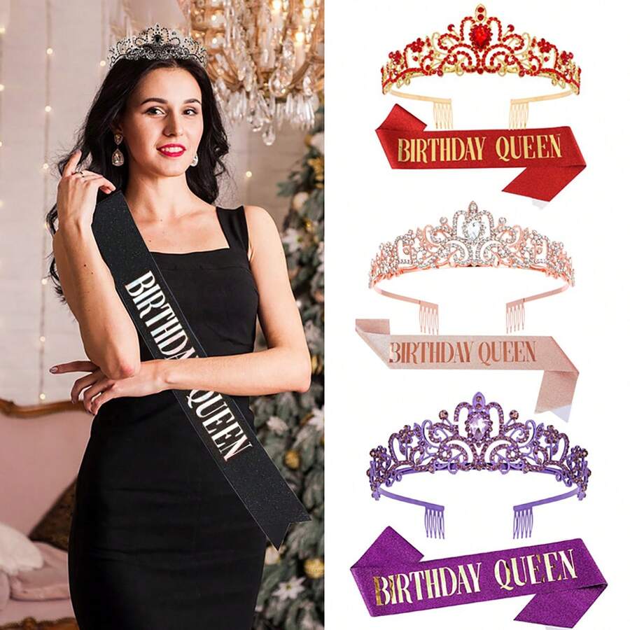 Bộ trang phục Nữ hoàng sinh nhật gồm vương miện và dải băng - Mũ đội đầu và dải băng lấp lánh cho bữa tiệc sinh nhật. - A - Xem 1