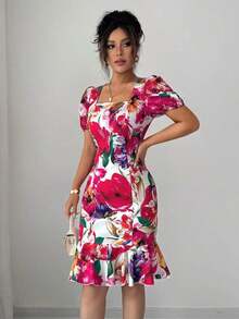 Vestido de mujer de cuello cuadrado de manga corta con estampado aleatorio - Rojo - Ver 6