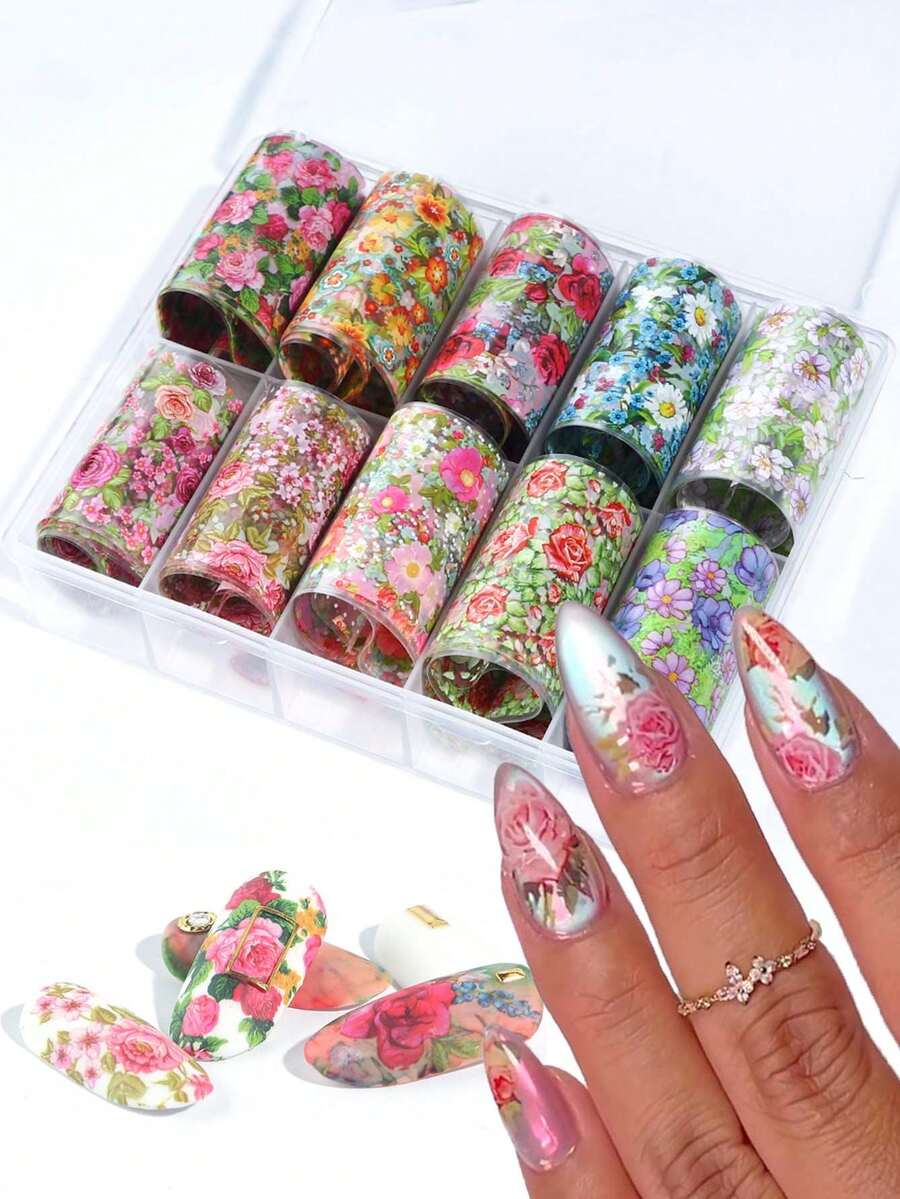 10pcs Mixed Flower Nail Stickers, Rose, Daisy, Starry Sky, Tropical Flowers, Nail Art Decals, DIY Nail Decoration, Suitable For Summer & Spring - Multicolor - View 1