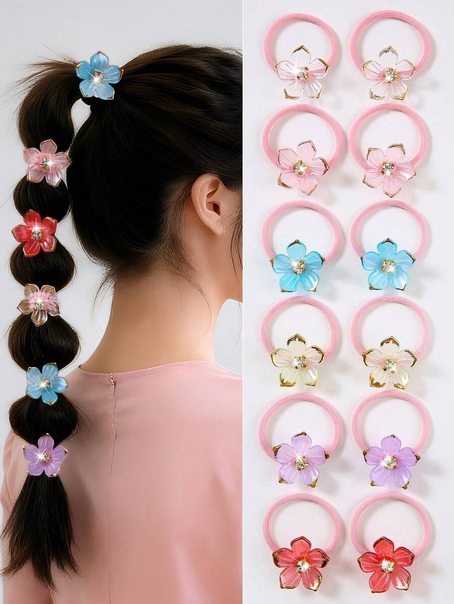 Bộ 10 chiếc dây buộc tóc hoa đính đá cho bé gái, phụ kiện tóc công chúa dễ thương, dây chun buộc tóc, màu ngẫu nhiên, thích hợp sử dụng hàng ngày. - Nhiều màu - Xem 1