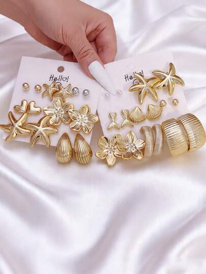 1 Set Golden Plated CCB Earrings Set - Starfish, Flower, Heart, Mermaid Tail, Shell, Faux Pearl & Hoop Studs For Women Summer Beach Jewelry