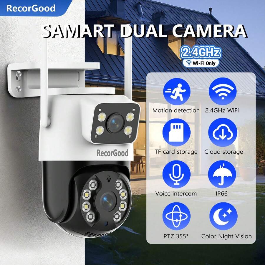 RecorGood Camera an ninh ống kính kép 4MP+4MP, báo động âm thanh & ánh sáng, phát hiện chuyển động thông minh AI, âm thanh hai chiều, xem/phát lại thời gian thực qua ứng dụng, lý tưởng cho cửa hàng/nhà ở/trong nhà & ngoài trời. - Đen và trắng - Xem 1