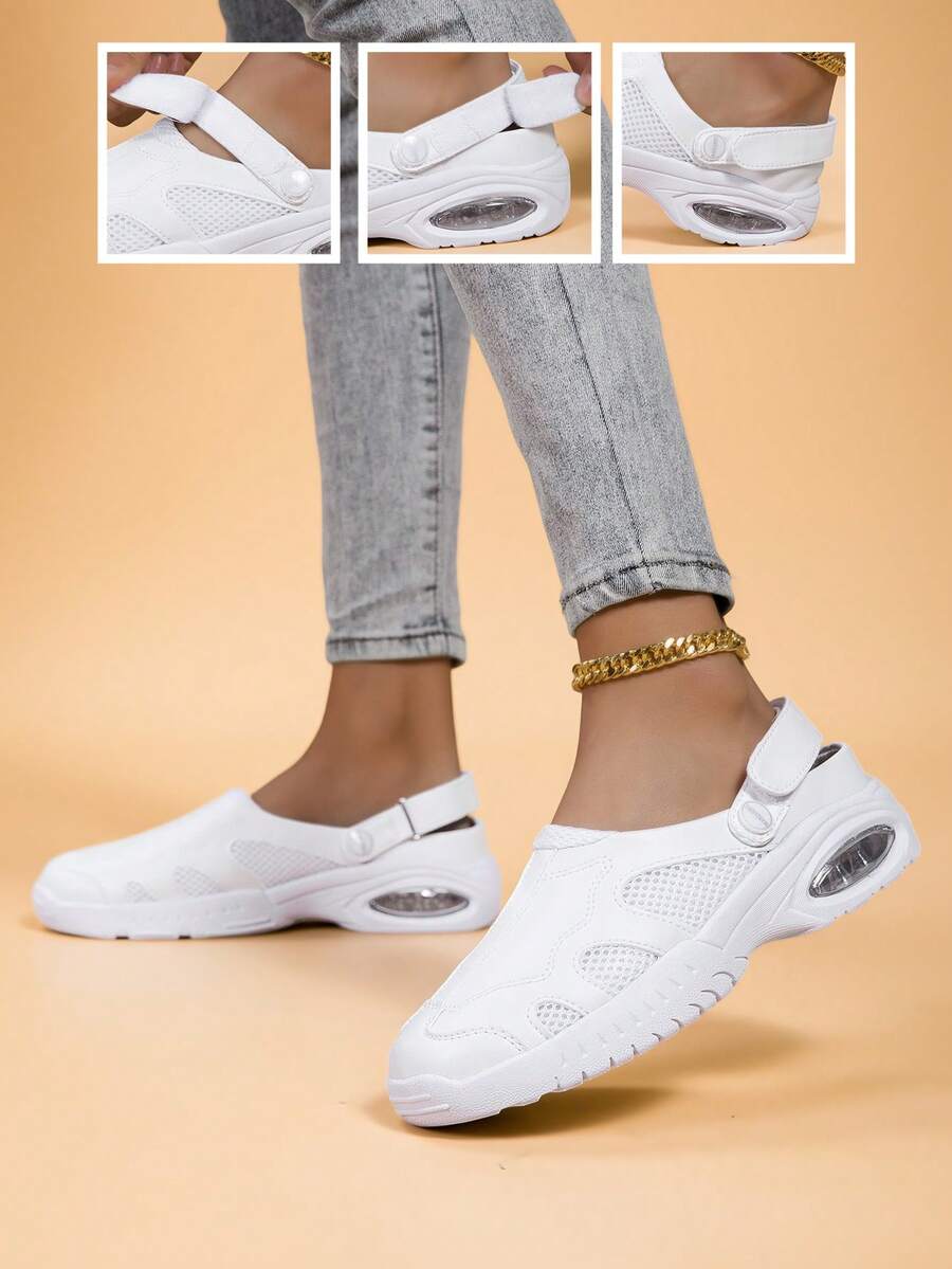 White Solid Color Polyester (Polyester) Hook And Loop Slip-On Mules, Suitable For Office Wear In Summer - White - View 1