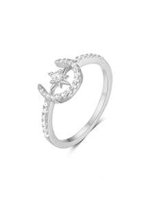Nhẫn bạc đính đá Cubic Zirconia hình ngôi sao và mặt trăng, trang sức thanh lịch dành cho nữ dự tiệc, dạ hội, đeo hàng ngày, quà tặng lý tưởng cho dịp lễ. - Bạc - Xem 5