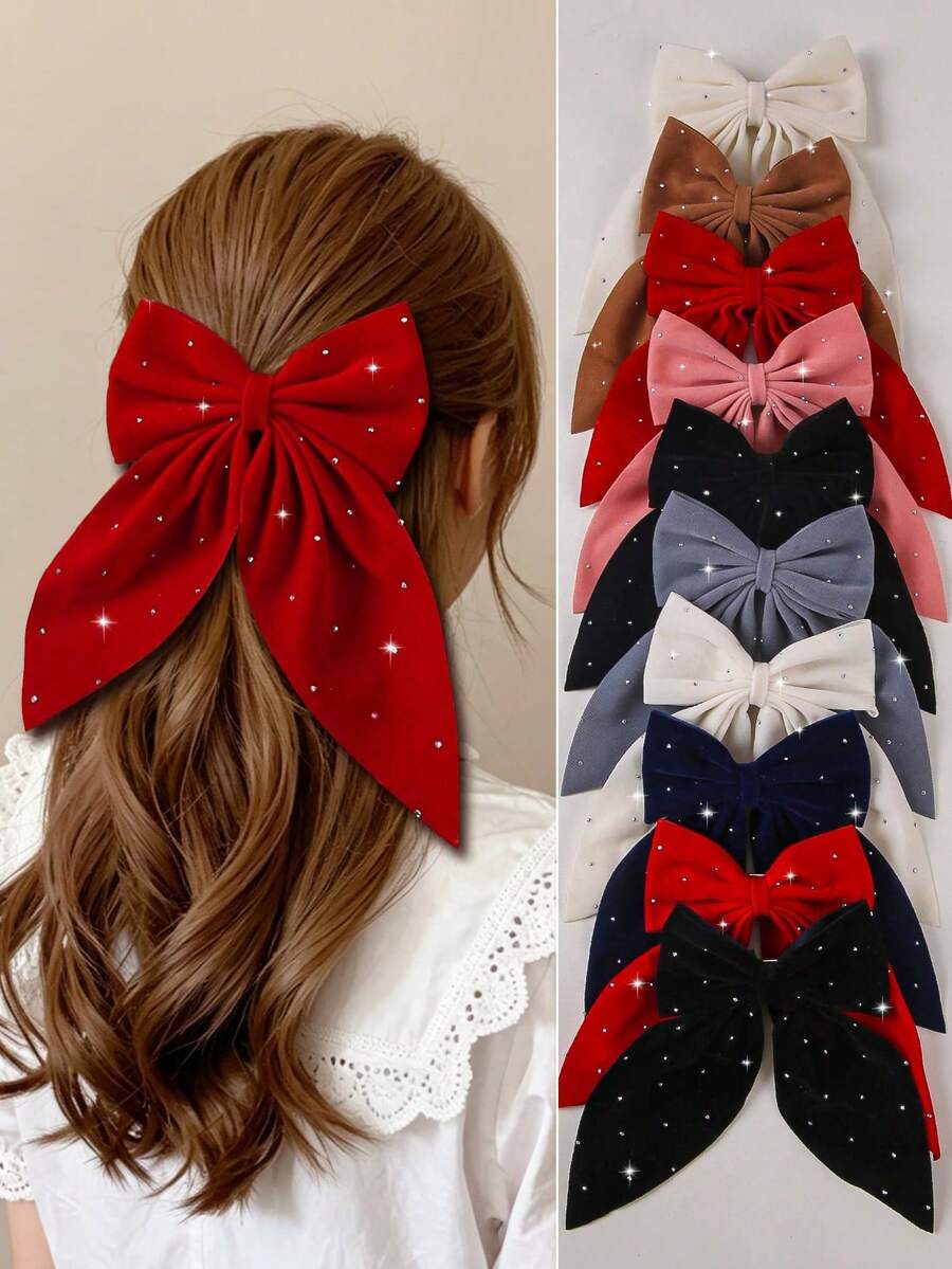 Set de 7 piezas de pasadores de pelo de niña con lazo de terciopelo y cristales, pasadores de pelo con cristales en forma de estrella, accesorios de pelo de uso diario - Multicolor - Ver 1