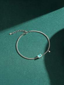 Vòng tay bạc S925 cao cấp đính đá Tourmaline Paraiba hình chữ nhật, trang sức thời trang làm quà tặng cho phụ nữ. - Bạc - Xem 5