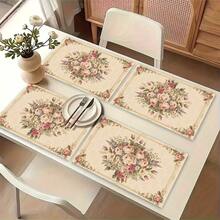 1/4/6/8/12pcs 2D Pink Vintage Floral Pattern Linen Table Mats, Washable Printed Placemats, Surface Protector, Indoor/Outdoor Dining Table Mats, Suitable For Holiday Banquet Kitchen Table Decoration - Multicolor - View 4