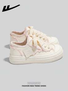 WARRIOR Women's Thick Sole Lace-Up Soft Bottom Casual Sneakers Low-Top Outdoor Flat Shoes Summer Commuter Shoes Round Toe Low Heel Non-Slip Solid Color Elegant Soft Sole Hiking Shoes Suitable For Students Graduation Photo Flat Shoes Women's Low-Top PU Upper Sports Skateboard Shoes - Beige/Pink - View 4