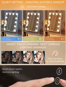 FENCHILIN Holly Wood Makeup Mirror With Lights, 12 LED Bulbs, Bright, 360 Degree Free Rotation, Adjustable Lighting Mode, Touch Control, 10 Detailed Mirrors, 30x41 Cm - White (with Bluetooth Player) - View 3