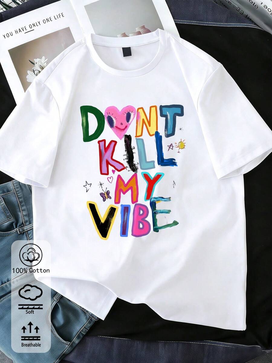 女款休閒白色純棉T恤,彩色「Don't Kill My Vibe」圖案印花,圓領,短落肩袖 - 白色8 - 查看 1