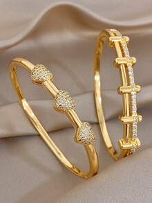 18K Gold Plated Anti-Fading Elegant Pave Heart&Linear Zirconia Bangle Bracelets Set,Suitable For Women Daily Wear, Dating, Parties,Gathering, Beach Vacation,Holidays,Spring,Valentine's Day Gift,Gifts For Mom,Boho,Wedding Season,Bridesmaids,Anniversary,Music Festival Easter Day - Multicolor - View 12