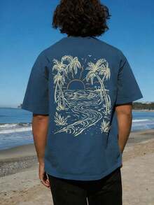 Camiseta de manga corta para hombre con estampado de islas, ideal para vacaciones costeras, perfecta para el verano, cómoda y transpirable, a la vanguardia de la moda. - Azul grisáceo - Ver 2