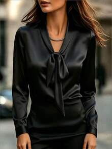 Blouse élégante en satin à col V et manches longues avec nœud, convenant pour toutes les saisons, noire - Noir - Voir 4