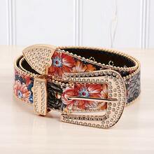 1pc Vintage Western Style Floral Embossed Women's Belt | Black Base Colorful Floral Print Waist Belt, Suitable For Bohemian, Dress, Jeans - B - View 8
