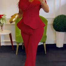 Plus Size, Off-Shoulder Casual High-Waisted Plus-Size Wide-Leg Jumpsuit - Green - View 2