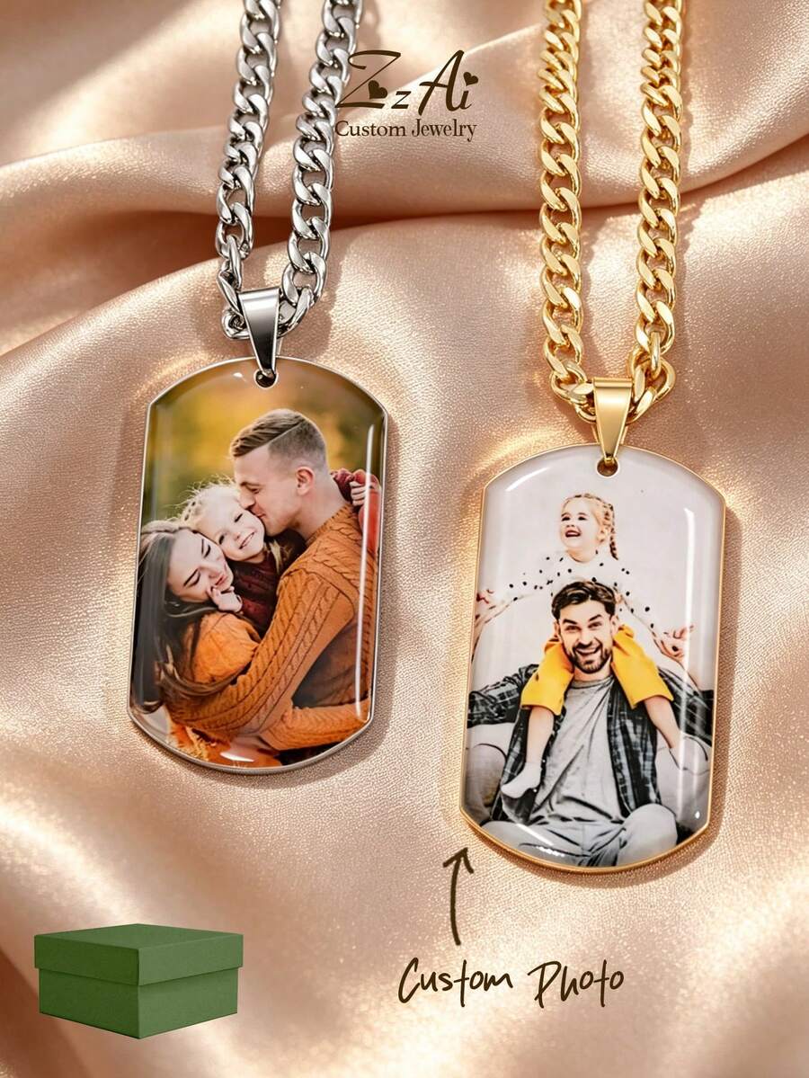1pc Military Dog Tag Pendant, Laser Engraved, Customizable Logo Pendant With Personalized Text, Quotes, Commemorative Numbers, Names, Etc., 18K Gold Plated High-Quality Stainless Steel Necklace, Includes Gift Box, Suitable For Boyfriend, Girlfriend, Family, Lover, Valentine's Day, Holiday Gift - Picture Style-gold - View 1