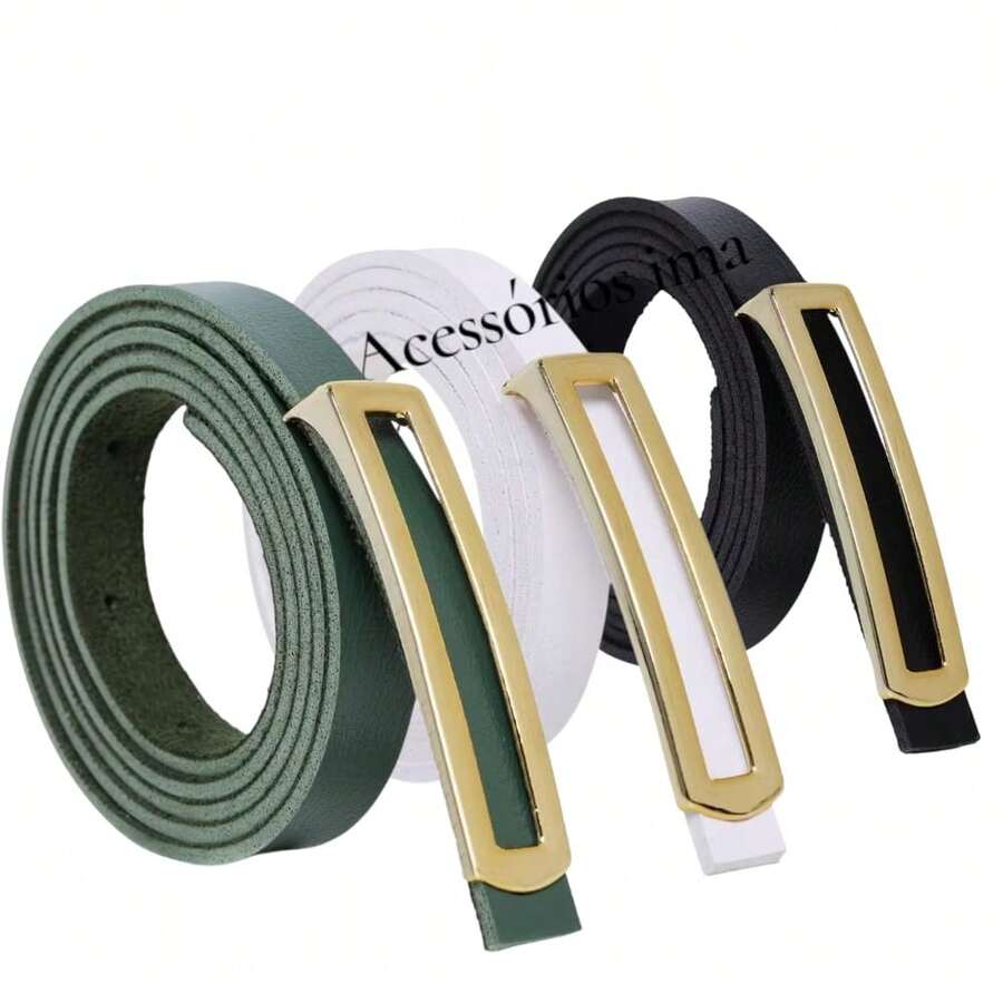 Set Of 3 Fashionable Women's Belts With Gold Buckle - 軍綠色,白色,黑色 - 查看 1